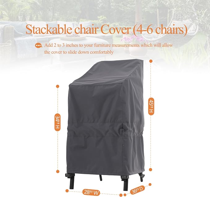 WJ-X3 Stackable Patio Chair Cover, Heavy Duty, Wind Resistant and Waterproof Outdoor Lawn Chair Covers, 28W x 36D x 45H, (4-6 Stacked Chairs), Grey,1-Pack