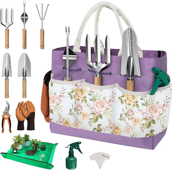 22Pcs Gardening Tools Set for Women Heavy Duty Garden Hand Tool Kit,Gifts for Mothers Day Mom Beginner Gardening Accessories with Large Tote Bag/Shovel/Repotting Mat/Plant Labels/Gloves-Purple
