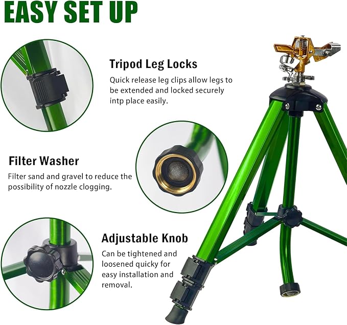 LIULO TOOL Impact Sprinkler on Tripod Base, 6 Pack Tripod Sprinklers with Brass Head, 360 Degree Large Area Irrigation with Extension Legs Flip Locks, Heavy Duty 3/4" Connector for Lawn Yard Garden