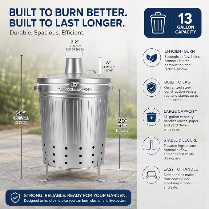 Gardenised Silver Galvanized Steel Outdoor Incinerator Can Large Garden Waste Burner Bin with Lid Ventilation Holes & Raised Legs for Yard Patio Backyard Leaves Paper and Household Debris