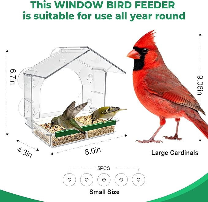 Window Bird Feeders with 5 Strong Suction Cups, Clear Bird Feeder for Window Acrylic, Suction Cup Bird Feeder, Garden Yard Gifts for Women Mom Bird Lovers, Elderly Kids