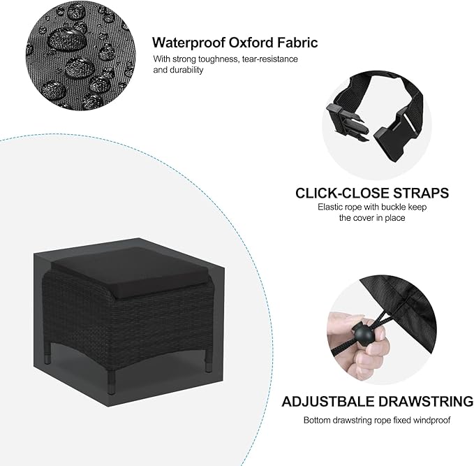 Patio Ottoman Cover Waterproof, 28.3 x 28.3 x 16.9 inch Rectangular Outdoor Side Table Cover, Durable Outdoor Furniture Cover, Black