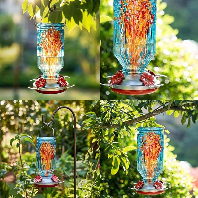 Hand Blown Glass Hummingbird Feeder for Outdoors Hanging Round Chaning Color 32 OZ Large Humming Birds Feeders with Accessories Gift for Women Mom (Blue)