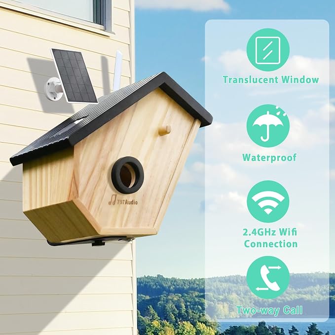 Smart Bird House with Camera for Outside Solar Powered, 2K HD&Night Vision View Birdhouse Nest Cam with AI Identify,Auto Capture Birds Motion Detection&Notify in Time,Ideal for Bluebird and Cardinal