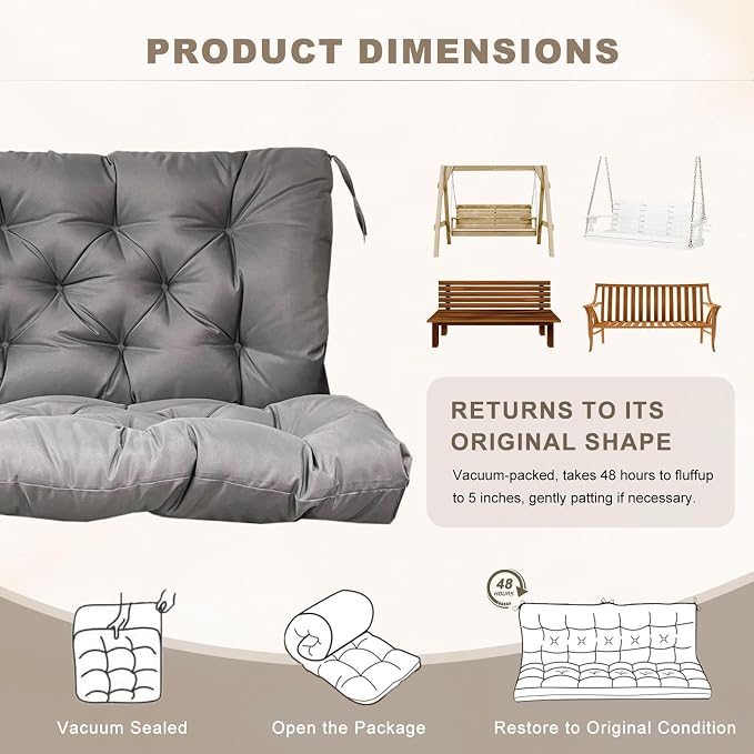Porch Swing Cushion with Backrest,Waterproof Bench Cushion for Outdoor Furniture,2-3 Seater Replacement Thickened Swing Cushion with Ties,Patio,Outdoor,Backyard and Garden (Dark Gray,47x40)
