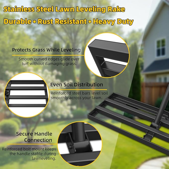 Stainless Steel Lawn Leveling Rake with 70" Adjustable Long Handle – 30"×10" Lawn Leveler for Yard & Garden Soil Leveling, Heavy Duty Top Dressing Rake for Lawn Repair, Landscaping & Grass Care