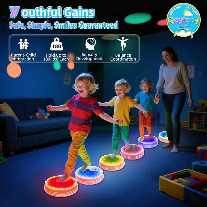 Light Up Stepping Stones for Kids Ages 3+, Sensory Stepping Stones with 7 Glow Colors & Liquid Motion, Non-Slip Toddlers Balance Toys for Coordination & Obstacle Course(3 Pack, Round)
