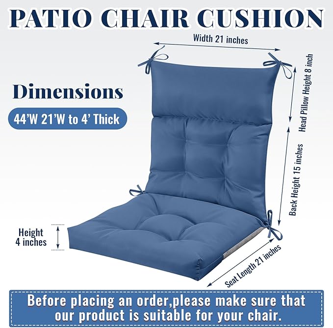 Sintuff 4 Pcs 44 x 21 x 4 Patio Chair Cushions Outdoor Chair Cushion Seat/Back Tufted Pillow with Ties Water Resistant Replacement Indoor Patio Furniture Outdoor Furniture (Solid Color,Denim Blue)