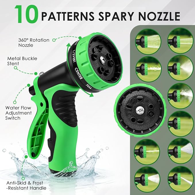 Garden Hose 100 FT, Non-Expanding Lightweight Water Hose with 10 Function Nozzle, Flexible, Kink Free, Wear-Resistant Fabric Leak Proof Garden Hoses for Outdoor, Yard, Lawn, Car, Marine, RV, Pet Bath