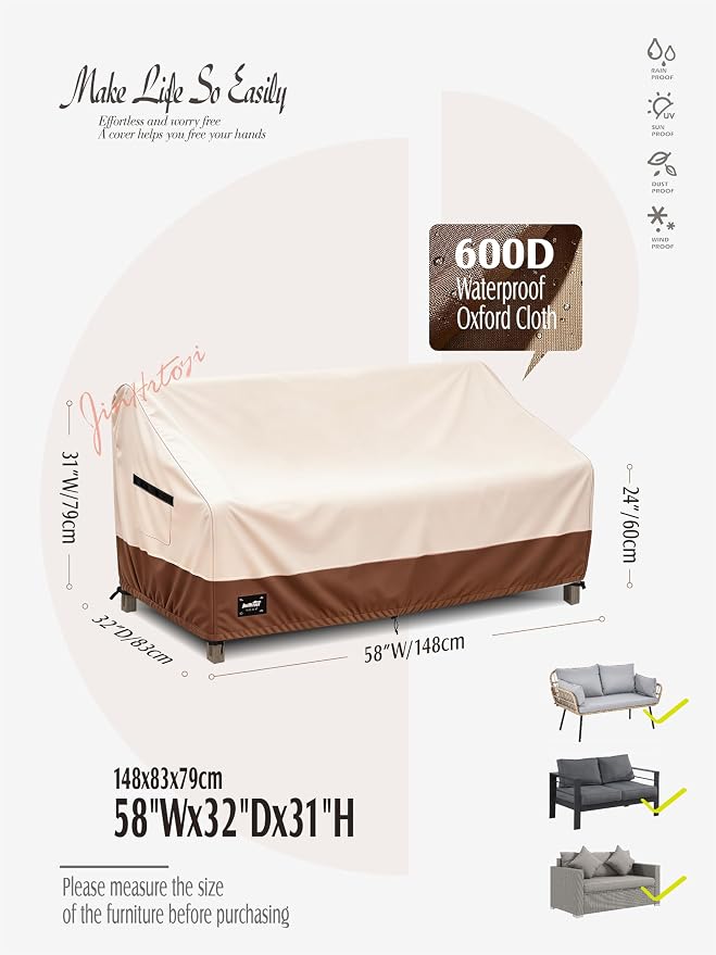 JinHrtoyi 2-Seater Patio Loveseat Cover, 58Wx32Dx31H inches Outdoor Furniture Covers Waterproof,100% Waterproof Heavy Duty Patio Furniture Covers,Beige&Brown Modern Style Outdoor Couch Cover