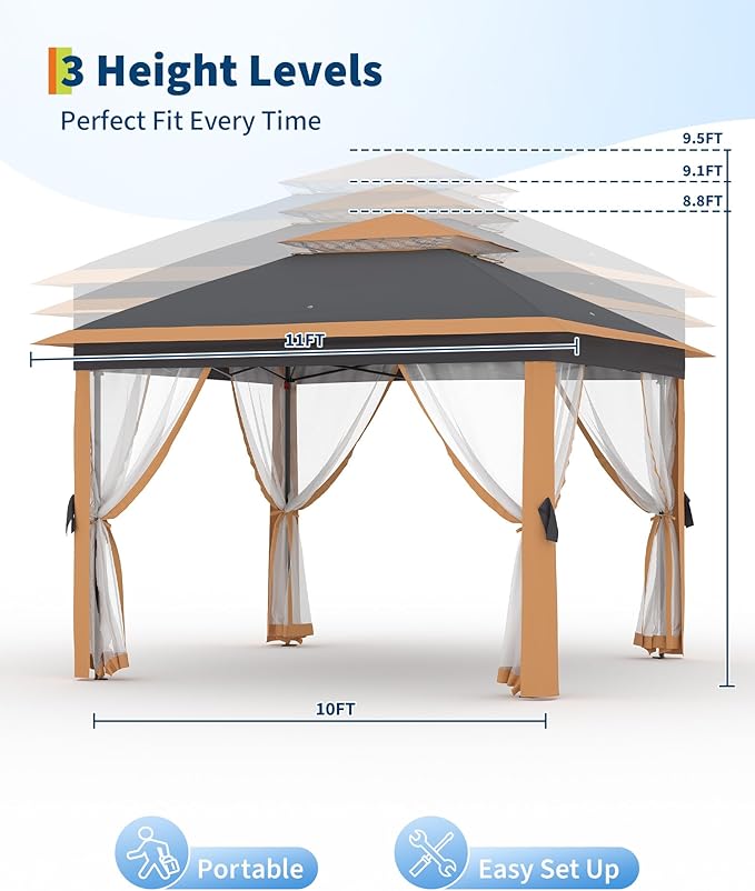GarveeLife 11'x11 Pop-Up Gazebo, Instant Outdoor Canopy Tent with Mosquito Nettings, Durable Steel Frame, Water, and UV Proof, for Patio, Garden, Courtyard, Party (Khaki)