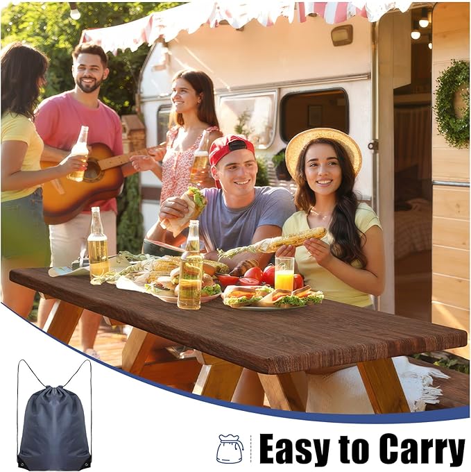 Smiry Picnic Table Cover with Bench Covers, Waterproof Elastic Fitted Tablecloth for 5 Foot Tables, Washable Polyester Tablecloths for Camping, Indoor & Outdoor (Brown, 30x72 Inch 3-pc Set)