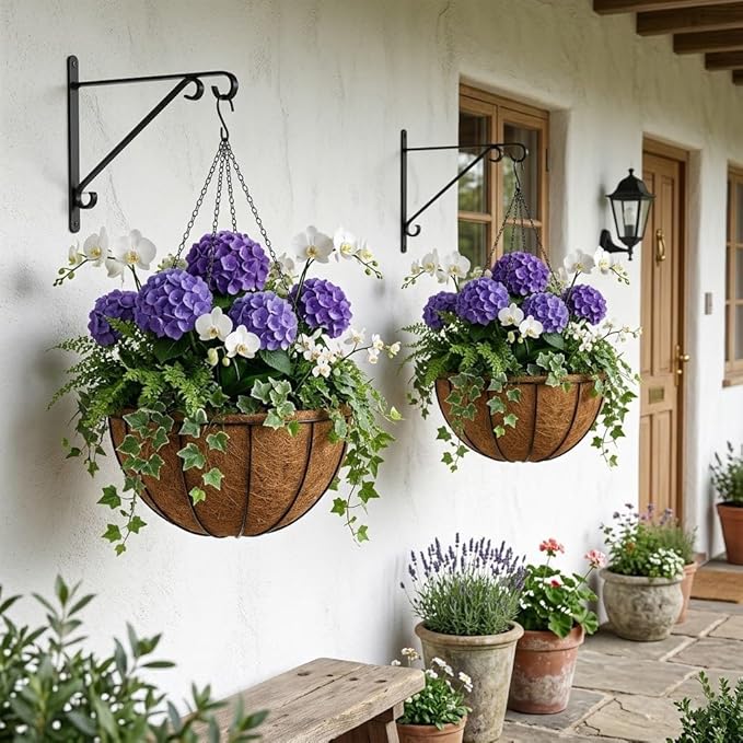 14 Inch Metal Hanging Basket with Coco Coir Liner for Flowers Planting, 4 Pack Hanging Baskets for Plants Outdoor, Round Wire Planters with Chain for Home Patio Porch Balcony Garden Decor