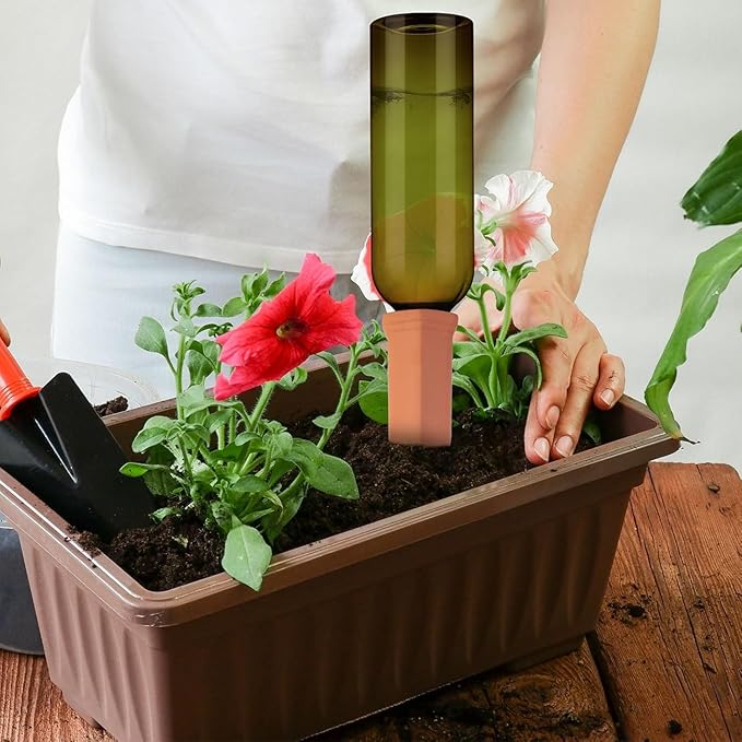 SiliFine 3 Sets Plant Watering Devices Include Terracotta Self Watering Spikes and 26 oz Plastic Bottles, Slow Release Vacation Insert Automatic Plant Waterer Device (Dark Green and Terracotta)