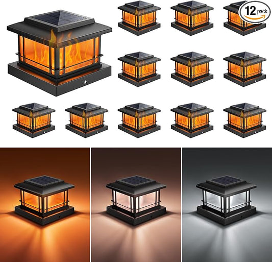 NIORSUN Solar Post Lights Outdoor, Fence Post Solar Lights with Flickering Flame Light & 3 Color Temps, Waterproof, Garden Patio Fence Deck Decor, 4x4 Posts Caps, 4x4, 5x5 Wooden &Vinyl (12Pack,Black)