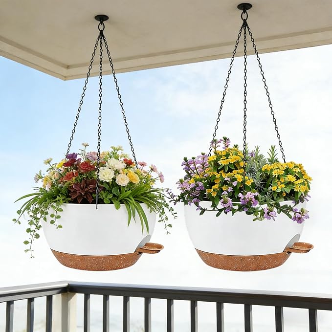 12" Self Watering Hanging Planters with Chains, White Brown, 2 Pack | 43 Oz removable self-watering reservoir, for indoor/outdoor plants, patio & garden
