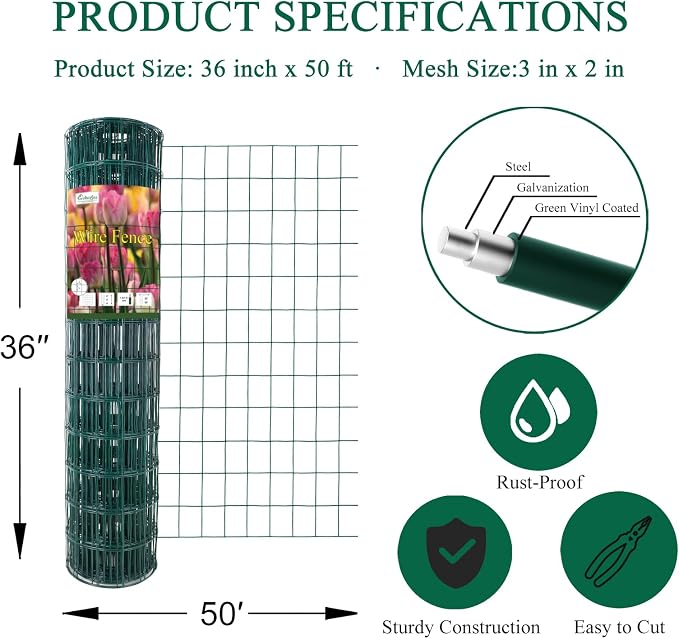 FOREHOGAR Green PVC Coated Welded Wire Fence 36 Inch x 50 Foot, 2 Inch x 3 Inch 16GA, Garden Border Fencing Roll Vinyl Coating Metal Wire Mesh for Yard Vegetable Plant Protection Poultry Netting