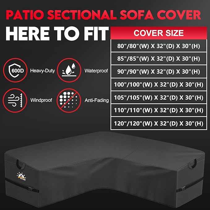 Zettum Outdoor V-Shaped Sectional Cover - 600D Patio Sectional Sofa Cover, Waterproof & Heavy Duty Outdoor Furniture Covers for Patio Sectional Sofa and Couch, 80x80 Inch Wide