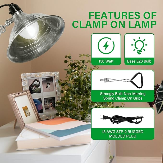 Simple Deluxe Clamp Lamp Light 150 Watt with 8.5 Inch Aluminum Reflector (no Bulb Included), 6 Feet Cord, 2 Pack, Black, New Version