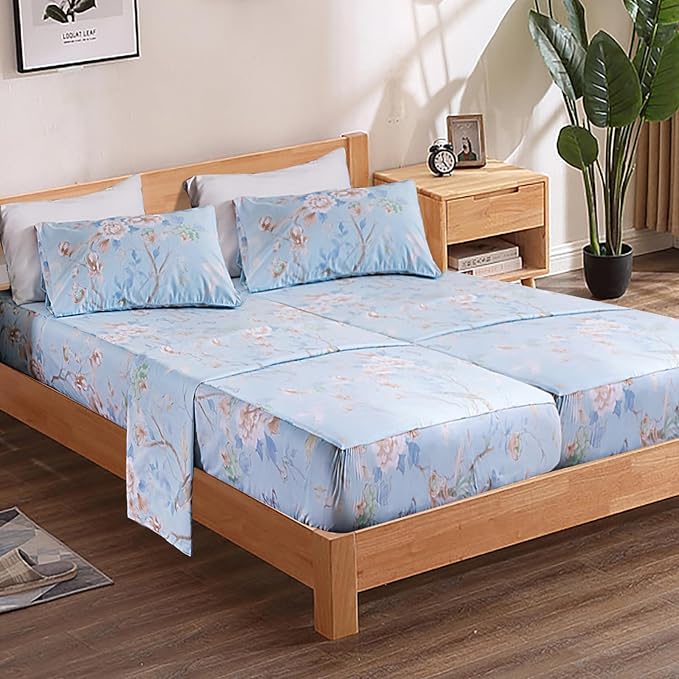 QSH 100% Cotton Floral Sheets for Split King Size Bed, Blue Flowers Plant Pattern Botanical Luxury Cotton Printed Floral Bedding Split King Sheet with Deep Pockets 17" Soft and Breathable 5pcs