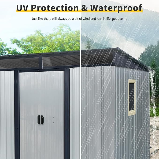 KEIKI 8x6 FT Outdoor Metal Storage Shed with Sloped Roof,Window,Transparent Plate and Lockable Sliding Door for Garden Yard Lawn