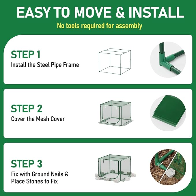 SPECILITE 49x49x39in Garden Plant Netting Mesh Cover for Raised Bed with Roll-up Zipper Door for Vegetables Fruits, Large Tunnel Gardening Net, Green