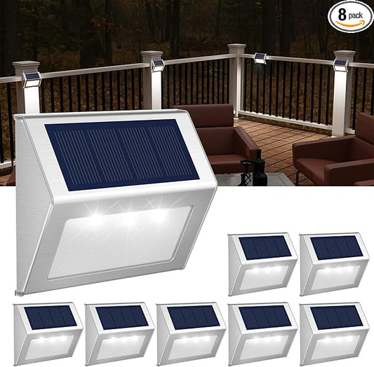 JSOT Solar Lights Perfect for Deck, Fence, Stair, Step Decor-Cool White-8P | Stainless steel material, waterproof, Solar Powered, yard, patio deck rail