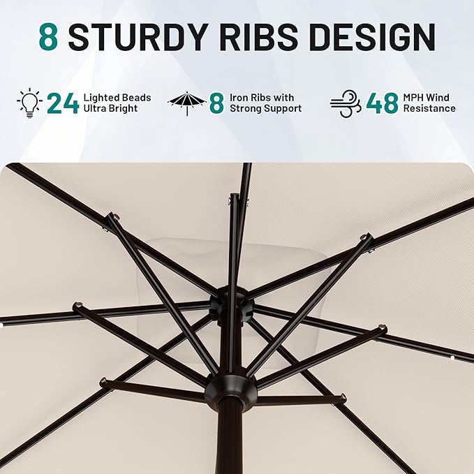 AreShark 8' X 10' Rectangular Patio Umbrella with Solar Lights, Lighted Solar Umbrella with Crank, Outdoor Table Umbrella for Garden, Deck, Backyard, Pool and Beach, Cream-White