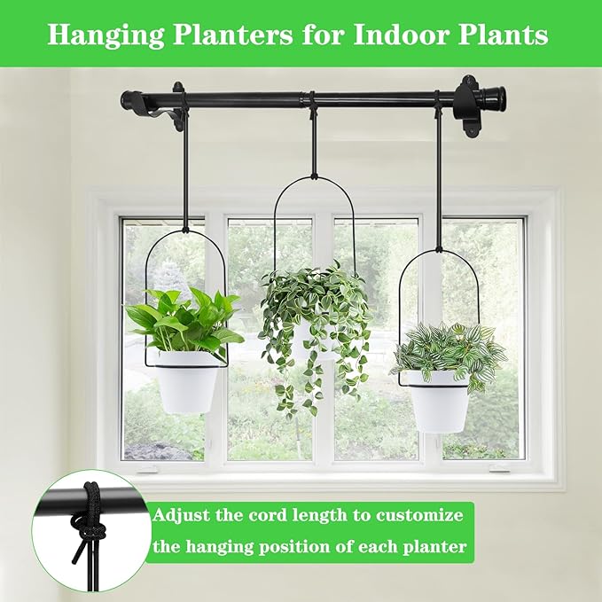 Hanging Planters for Indoor Plants Plant Hanger, Adjustable Hanging Window Planter Hanging Wall Planter for Garden, 23in Plant Shelves Metal Holder Rod with Pots (Black)