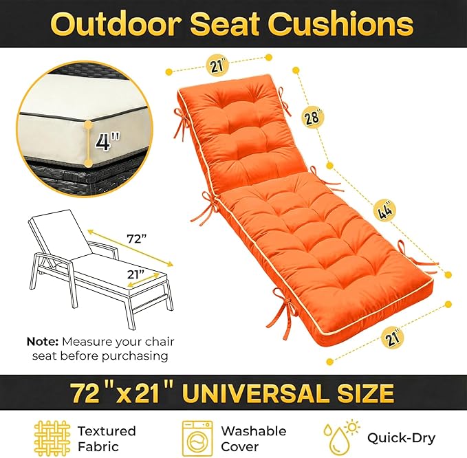 2 Pack 72x21 Inch Folding Chaise Lounge Cushion Quick Dry - Outdoor Sun Lounger Seat Pad with Shredded Foam for Patio Furniture, Deck Chairs, Poolside (SUNSET TANGERINE, 72 INCH × 21 INCH-2 PACK)
