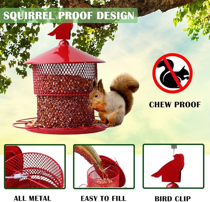 Metal Bird Feeder for Outside Hanging, Bird Feeders Squirrel Proof, 4 Lbs Large Capacity Iron Tube Mesh Wild Birdfeeder for Outdoor Finch Cardinal Chickadees Blue Jay -Red