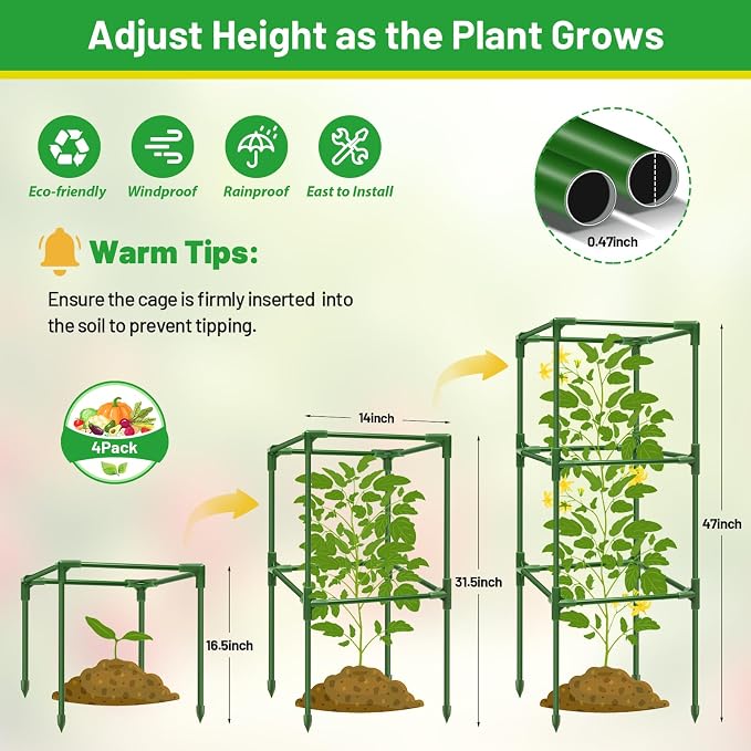 Legigo 4 Pack Tomato Cages with 17 Gallon Grow Bags- 47 Inch Square Tomato Cages for Garden, Heavy-Duty Tomato Stakes Plant Support Cages Trellis for Garden Vertical Climbing Plants Vegetables