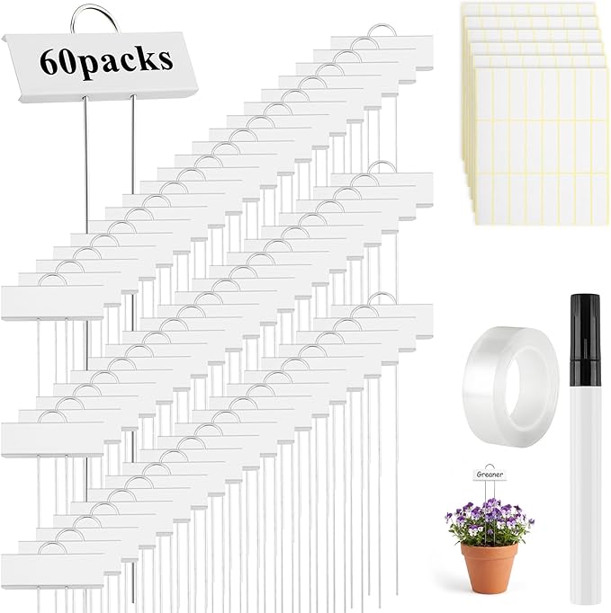 Greaner 60 Packs Metal Garden Labels, 10.6'' Height White Plant Tags and Labels, Label Area 2.6''X 1.2'', Reusable Plant Tags for Outdoor Garden Waterproof