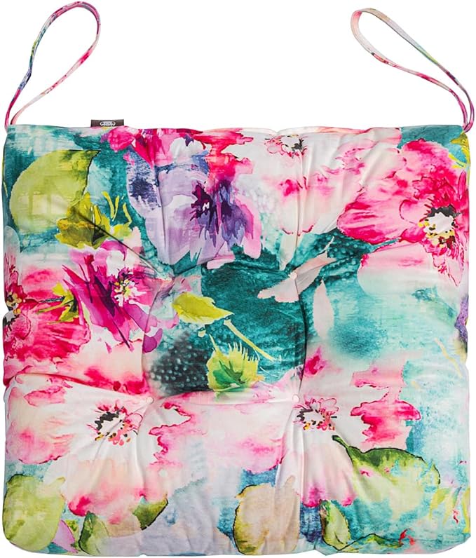 2-Pack Outdoor/Indoor Wicker Patio Seat Cushion Pad with Ties - Dining Chair Cushion, 17" x 17" (Watercolor Flowers)