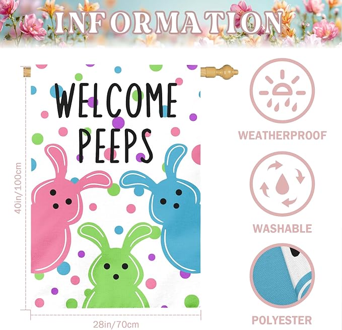 Large Easter House Flag 28x40 Inch Double Sided Welcome Peeps Bunny Flag Colorful Spring Yard Flag Outdoor Porch Cute Rabbit and Egg Pattern Farmhouse Easter Garden Banner for Home Patio Lawn