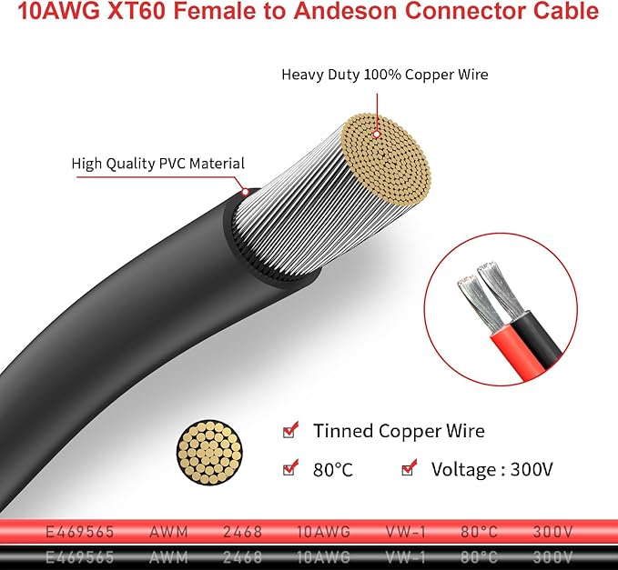 ELFCULB XT60 to Anderson Adapter, 10AWG XT60 Female to Anderson Connector Cable for Portable Power Station UAV RC Battery (20FT)