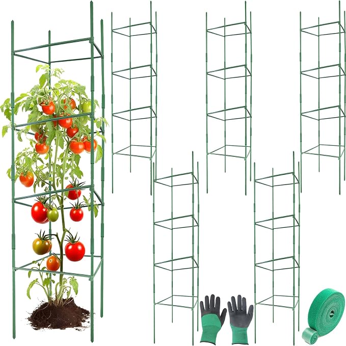 6Pack 18.5" Width Up to 63" Height Adjustable Square Tomato Cages for Garden, Plant Support Stakes for Climbing Vegetable, Tomatoe, Flower, with Twist Ties Snap-On Stake Arms