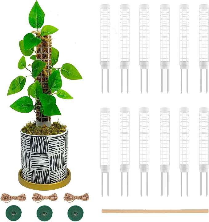 Small Moss Pole for Monstera - Stackable & Refillable Plastic Moss Poles for Climbing Plants with Large Mesh Design (12Pack-White-Small)