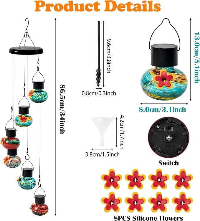 Solar Power Hummingbird Feeders - Colorful Hand Blown Glass Window Wild Humming Bird Feeders Outdoor Hanging Flower 6 Bee Guard Leak Proof Feeding Ports Garden Yard Backyard Decor Easy Clean