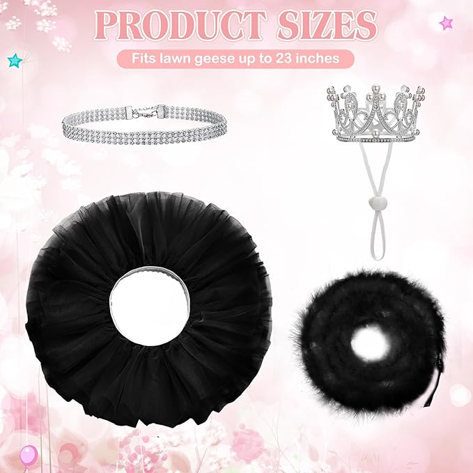 4 Pcs Princess Porch Goose Outfit for 23" 17" Cement Lawn Goose Costume Crown Necklace Tutu Skirt Feather Trim for Princess Outdoor Garden Lawn Art Decor (Black)