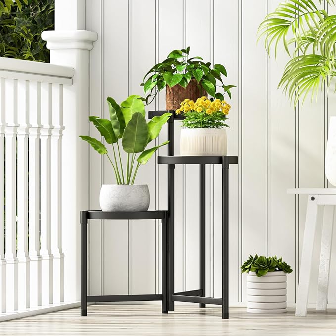 Plant Stand indoor outdoor-3 Tier black Tall Metal Flower Pot Holder 9in Wide Potted Display Rack - Heavy Duty Corner Plant Shelf for Patio Garden Balcony Living Bedroom Room