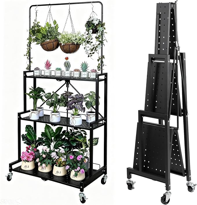 4-Tier Foldable Plant Stand with Wheels, No Tools Assembly, Sturdy Step Shelf for Indoor Outdoor Use, Black– Organize Pots, Save Space, Roll & Store Easy