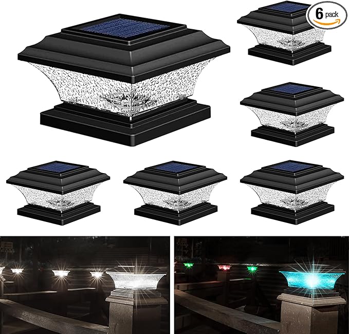 HUYIENO Solar Post Cap Lights Outdoor LED Lighting Deck Fence Cap Light 9 Light Modes Bright White/7 Color Fixed Modes/7 Color Cycling Mode Suitable for 4x4 5x5 Wooden Posts Black 6pk