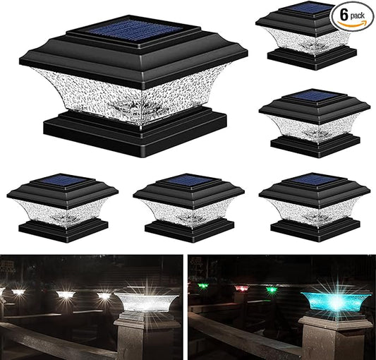HUYIENO Solar Post Cap Lights Outdoor LED Lighting Deck Fence Cap Light 9 Light Modes Bright White/7 Color Fixed Modes/7 Color Cycling Mode Suitable for 4x4 5x5 Wooden Posts Black 6pk