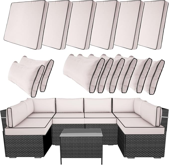 14 Piece Outdoor Furniture Replacement Cushions, Cover+Filling, 25.6" x 25.6" x 4" Foam Waterproof Outdoor Sofa Cushion Sets, Fit Wicker Rattan Sectional Conversation Set,Cream+Black Piping