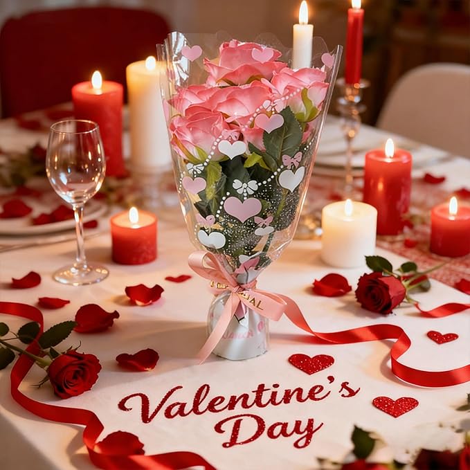 SELANTAG 100 Pack Pink Heart Clear Flower Bags for Bouquets,Valentine's Day Heart Flower Bouquet Bags, Floral Wrapping bag, Sleeves Perfect for Mother's Day, Wedding (10.6in x 17in x 3.9in)