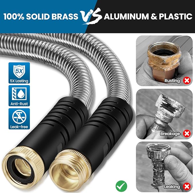 Metal Garden Hose 50FT, Stainless Steel Water Hose with 10 Function Nozzle, Solid Brass Fittings, Lightweight, Kink-Free & Dog Chew Proof for Lawn, Yard, RV, Car Wash, 550PSI
