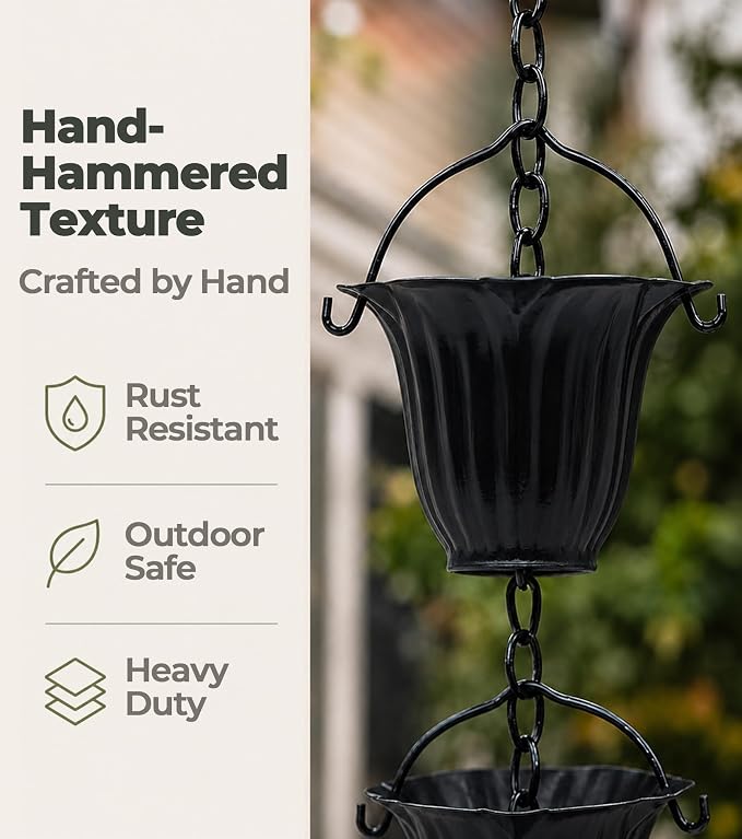 Black Rain Chain for Gutters, 12 Cup Tulip Decorative Water Feature, 8FT 8IN Adjustable Metal Chain Rain Diverter for Modern Outdoor Garden Décor with Crystal Accent