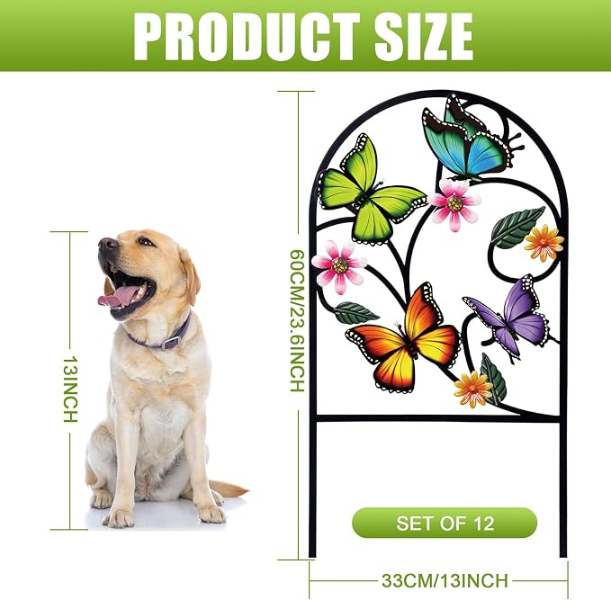 Yaocom 12 Pack Bright Butterfly Decorative Garden Fence 23.5''H x 13'W Animal Barrier Border Butterfly Flower Design Metal Arch Garden Fence Border for Spring Outdoor Patio Yard Landscape Decor