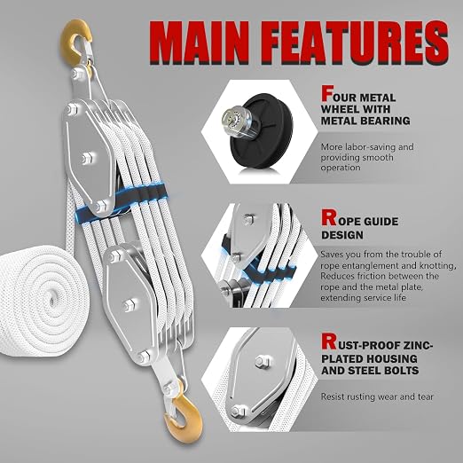 YATOINTO Rope Pulley Hoist with Metal Bearing Rope Guide 4400 LB, 8:1 Pulley Block and Tackle System, Pulley Block 65ft, Heavy Duty Rope Hoist for Hunting Garage Warehouse Constructions